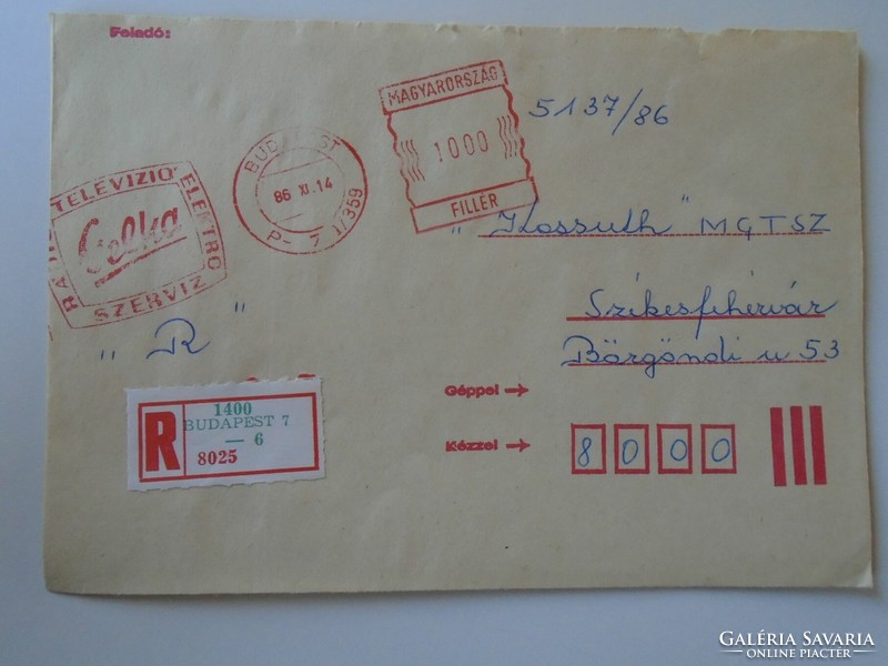 D193733 old letter envelope 1986 gelka rtv service Budapest machine stamping red meter ema