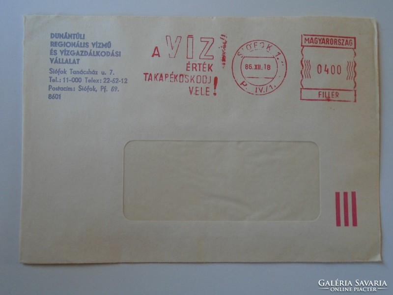 D193761 Régi  levél 1986 Siófok -A víz érték  takarékoskodj vele-  gépi bélyegzés  -  Red meter EMA