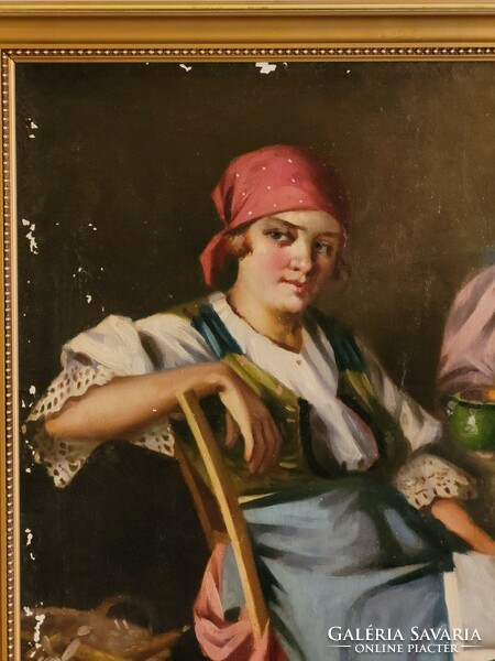 80x60cm Szász István (1878-1965) Szerelmeslevél Kukoricamorzsolás Virágültetés Lányok Népviseletben