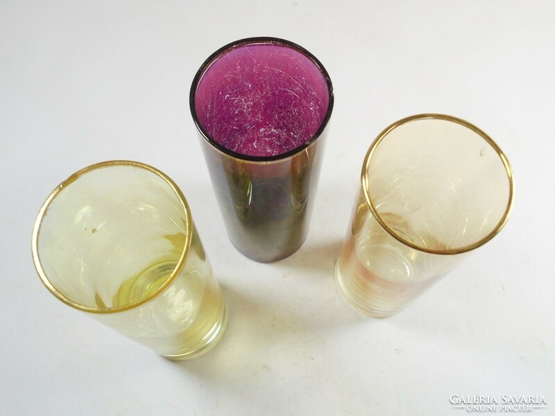 Retro old gold-rimmed, colored tube glass tube glass glass set, oblong glass, 3 pieces approx. 1970s.