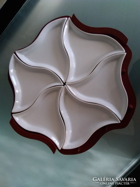 Retro six-part porcelain split serving tray on a wooden frame, with wooden tongs on both sides!