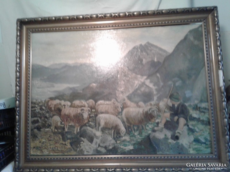 Osztrák festmény: Meier: Birkák az Alpesekben