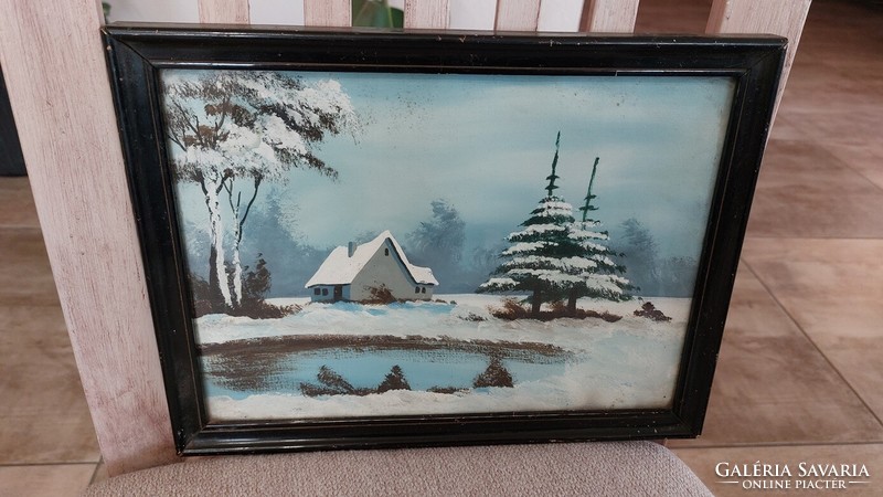 (K) Téli tájkép festmény, házikóval, kis tóval 31x24 cm kerettel