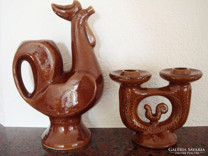 Retro 2 folk ceramic roosters 26.5 cm and candle holder