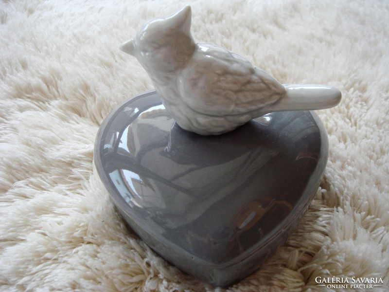 Vintage kerámia madaras fedeles szív alakú cukortartó 9 cm