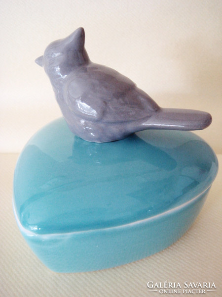 Vintage ceramic bird with lid in heart shape sugar bowl 9 cm