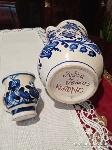 Marked Korund ceramic jug / spout and coffee cup / wine glass -- blue white