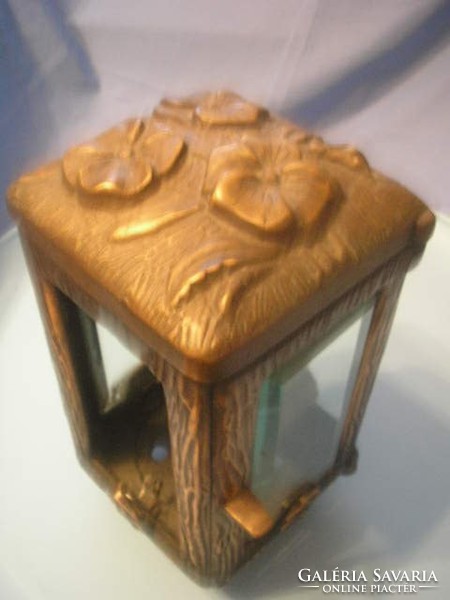 U9 antique art nouveau bronze urn vase with candelabra, candle holder with polished glass and door on 4 legs 4 kg