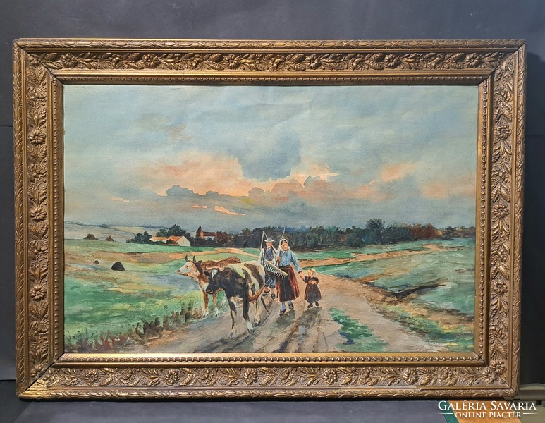 The family on the road - large-scale watercolor in a beautiful frame with Borsód marking - picture of peasant life