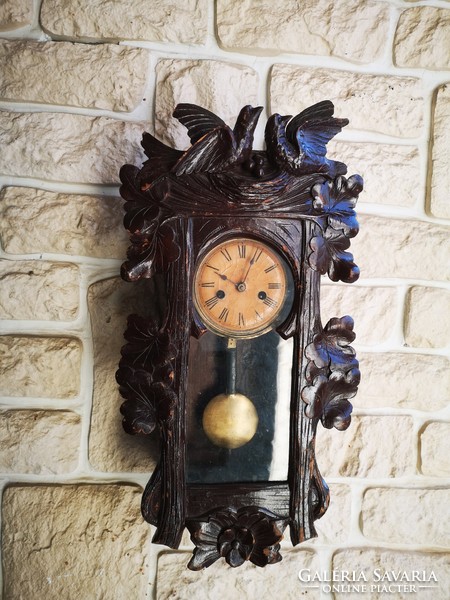 Antique 100-year-old carved wall clock, junghans bim-bam mechanism.