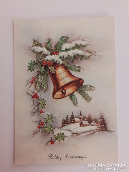 Régi karácsonyi képeslap rajzos levelezőlap harang havas táj fenyőág