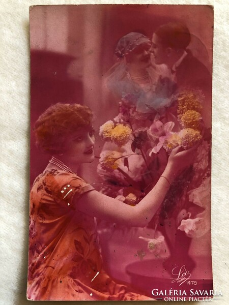 Antik, régi színezett romantikus képeslap                -3.