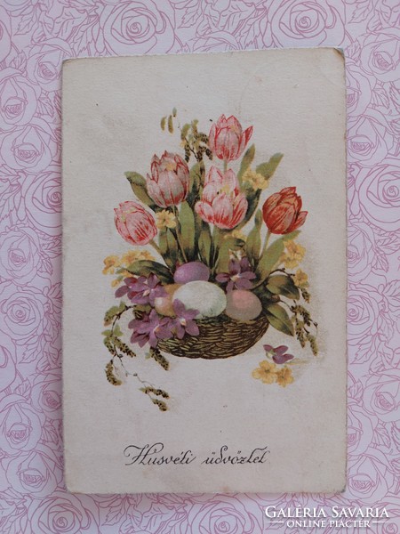 Régi húsvéti képeslap 1935 levelezőlap tulipán ibolya tojás