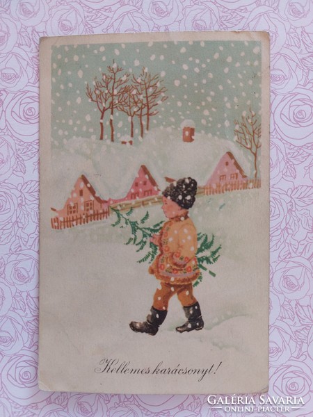 Régi karácsonyi képeslap rajzos levelezőlap hóesés kisfiú