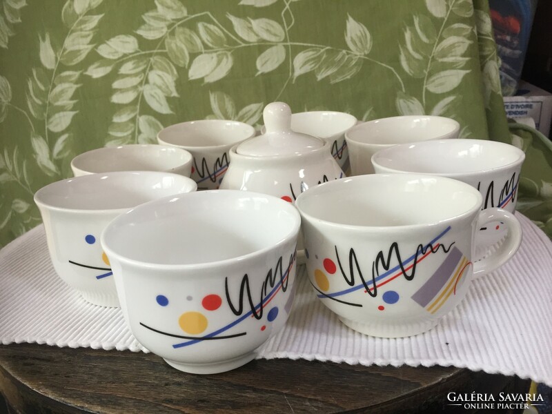 Czech porcelain coffee set, incomplete, 8 cups, 1 plate, sugar bowl with lid (79/1)