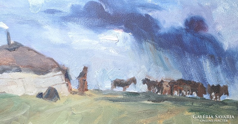 Nomadic life in Asia - oil painting - camels, horses, nomad at the yurt