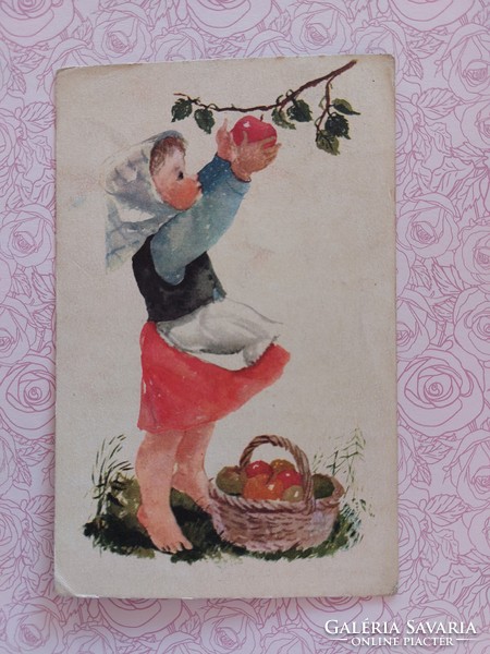 Régi képeslap rajzos levelezőlap almaszedő kislány