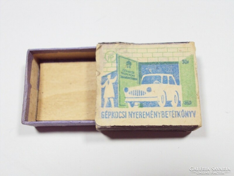 Retro match advertising wooden matchbox - car prize deposit book - from the 1960s