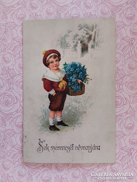 Régi képeslap 1923 levelezőlap kisfiú nefelejcs