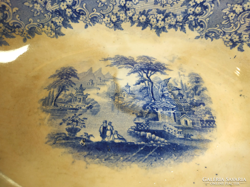 Antique English porcelain, oval deep serving bowl, centerpiece, pagoda