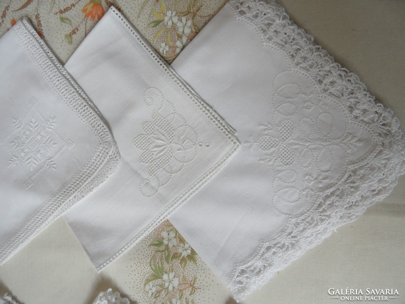 Old white embroidered handkerchief with hand-crochet border (6 pcs.)