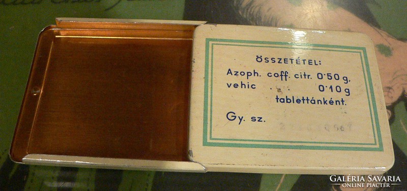 Régi gyógyszeres fém / pléh doboz: Azophenum Coffeinum Citricum tabletta