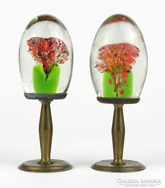 1L990 old blown glass floral ornaments on copper bases in a pair