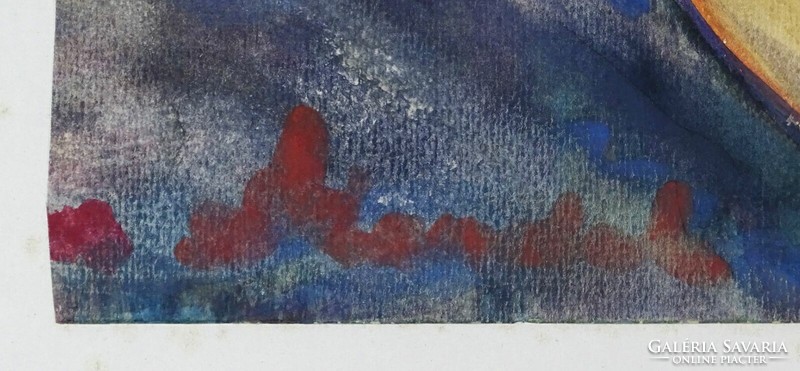 1L991 XX. századi festő : Piros szoknyás kézimunkázó kötő nő