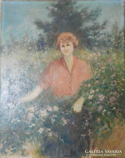 Nő a virágok között  - olaj / vászon festmény