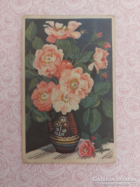 Régi virágos képeslap 1956 rajzos levelezőlap rózsa