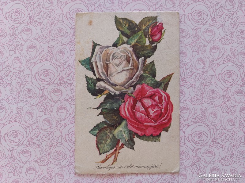 Régi képeslap rajzos levelezőlap rózsa
