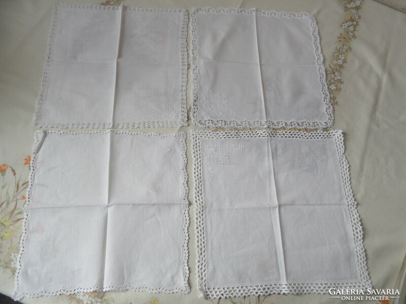 Régi fehér hímzett díszzsebkendő kézi horgolású szegéllyel ( 6 db. )