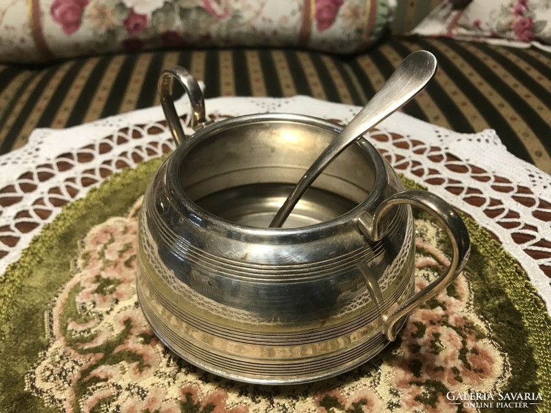 Beautiful, marked, antique, large, silver-plated sugar bowl, with pierced sugar spoon