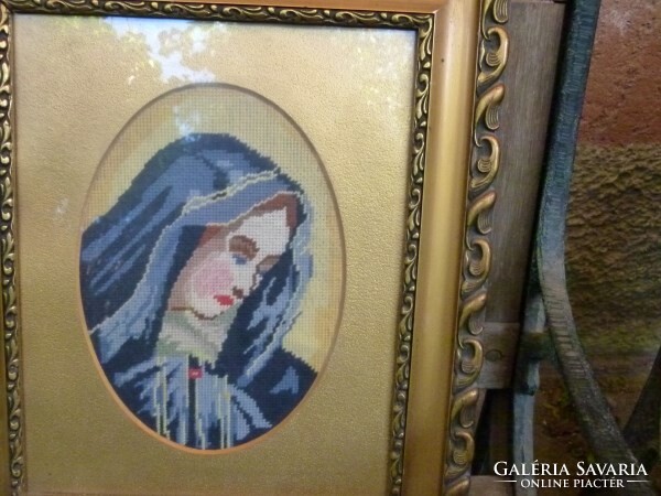 Antik gobelin Szűz Mária - Jézus szép keretben, üvegezve