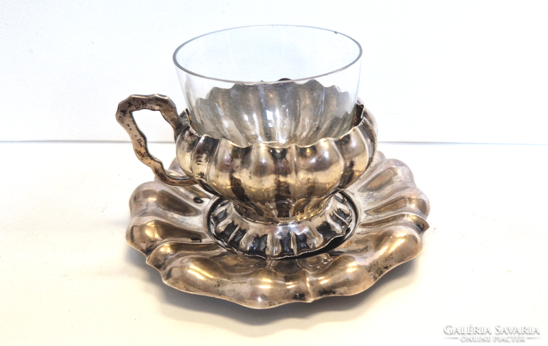 Silver coffee cup and saucer with glass insert