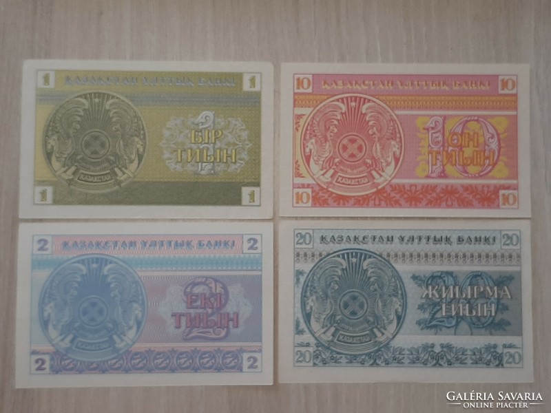 Kazahsztán  1 , 2 . 10 , 20 tyin UNC bankjegy sor 1993