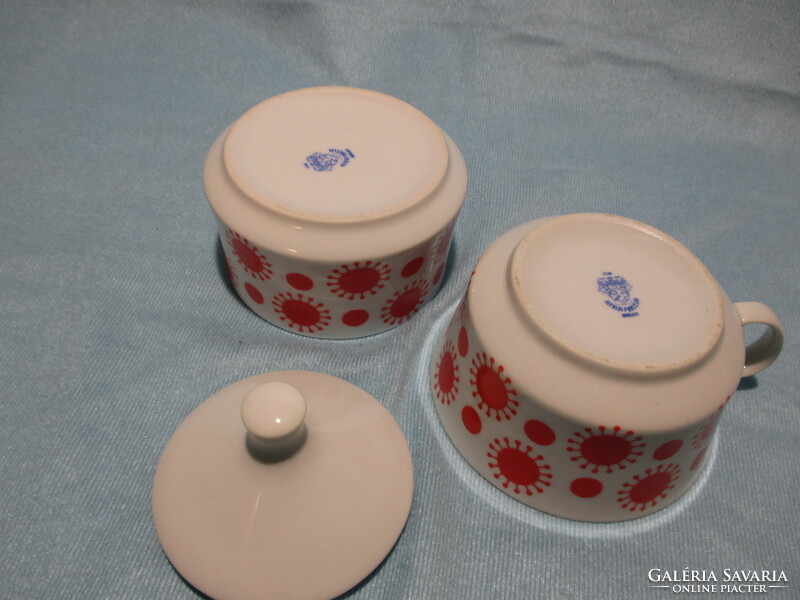 Retro Alföldi piros pöttyös, napocskás teás csésze és cukortartó teás készlethez