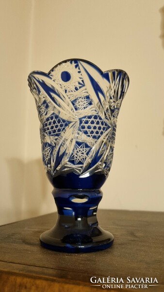 Kék csiszolt üveg kristály váza 16 cm