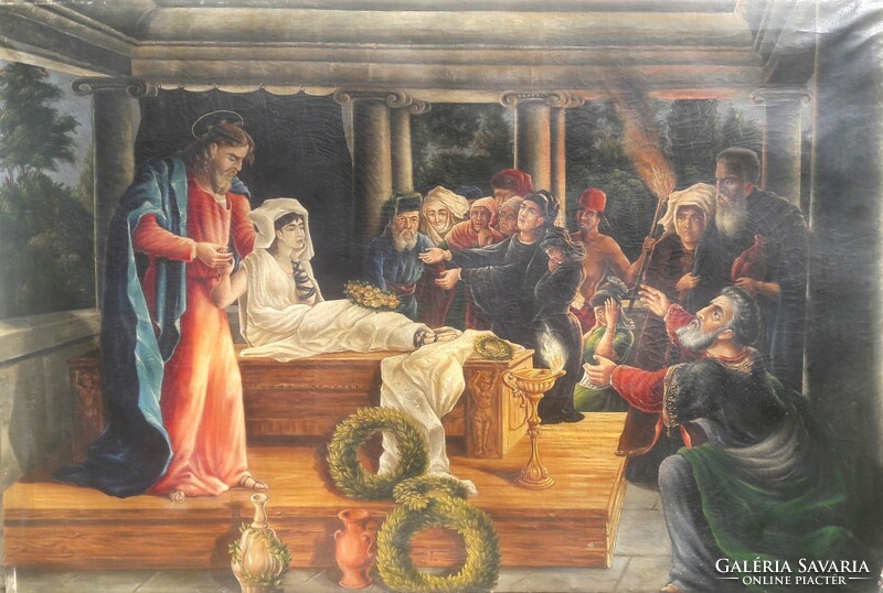 Jairus lányának feltámasztása - hatalmas antik festmény 100x150 cm! bibliai jelenet, Jézus Krisztus