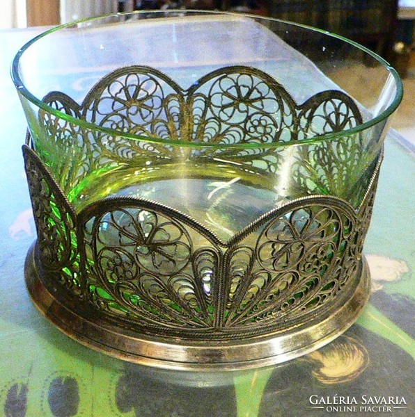Filigree metal serving with green glass insert