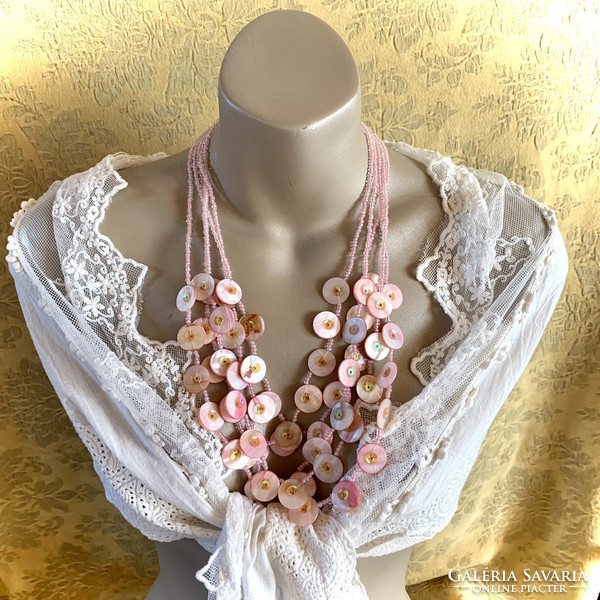 Vintage Mother of Pearl Chain, Mineral Necklaces, Necklace, Pink Pearl Beads Multi-Row Necklaces