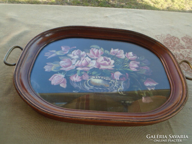 Large antique walnut heavy art nouveau tray with oil painting in the middle