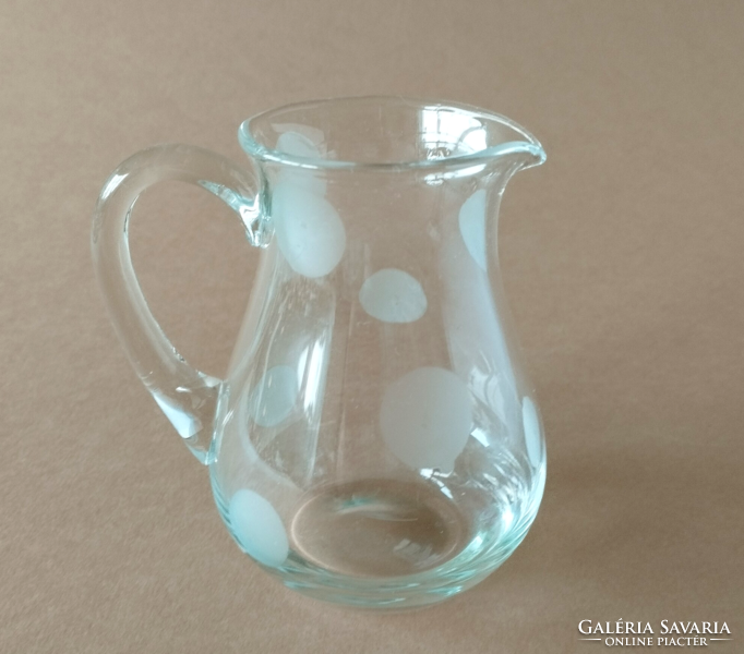 Old huta glass small jug, spout with etched polka dot pattern