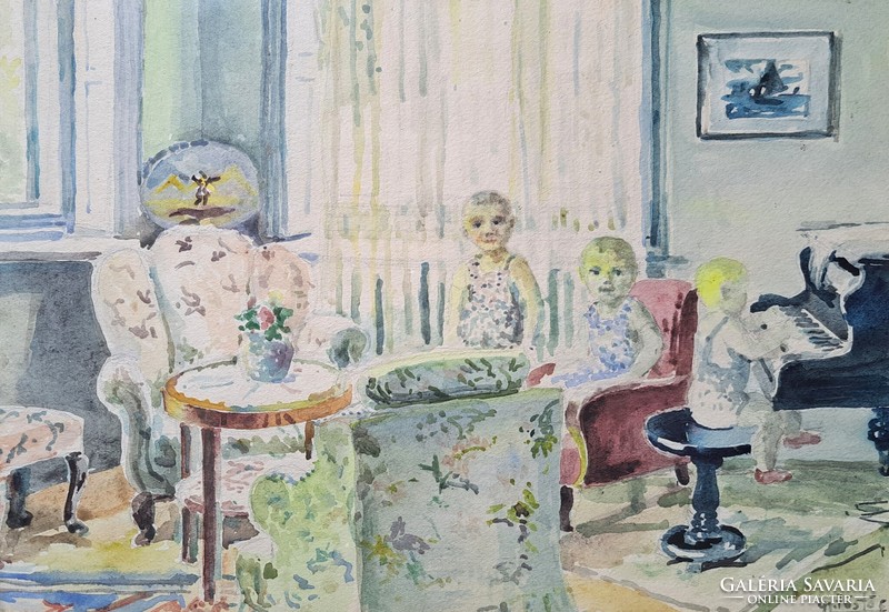 Interior with children - watercolor - gy. Smoky