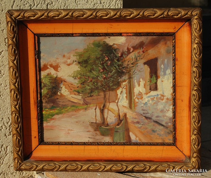 With Bakony sign: sunny yard - antique oil painting, framed