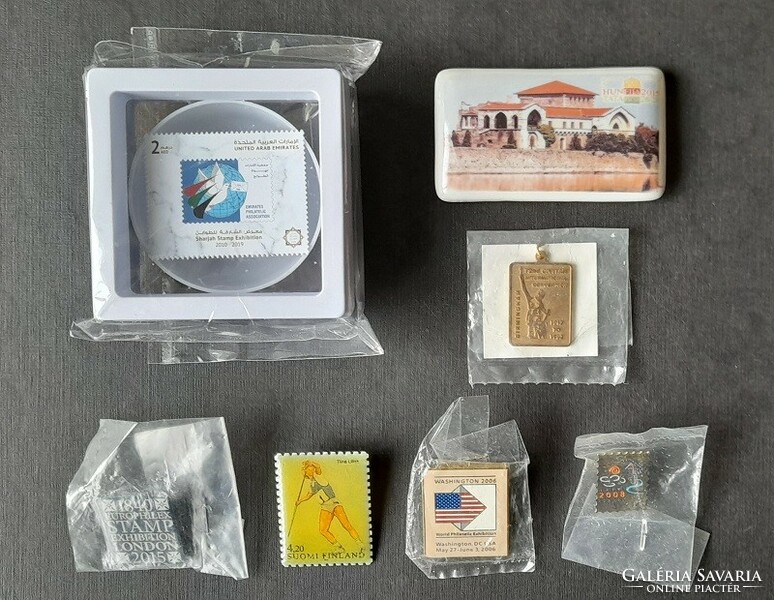 International stamp exhibitions badge, plaque, fridge magnet (7 pieces)