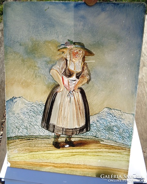 1830-50 körüli, német-osztrák üvegre festett népviseletben lévő hölgy