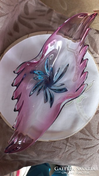 Vintage (1960) Murano glass offering, leaf-shaped, pink-turquoise blue, unmarked, intact