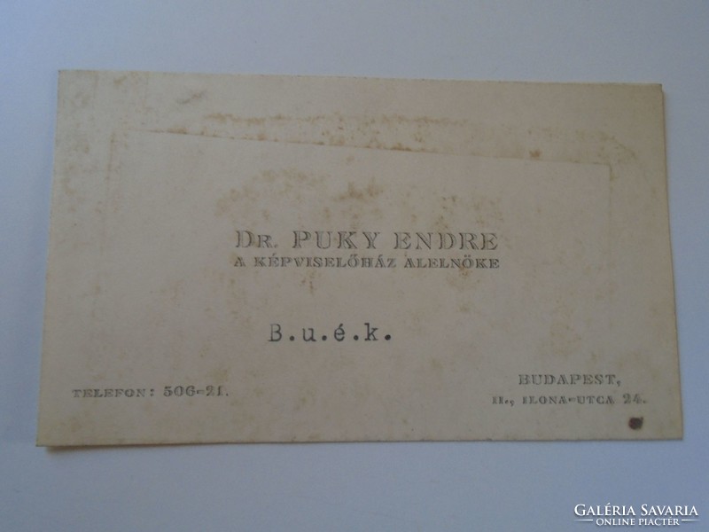 Za417.28 Dr. Puky Endre Bizáki, Deputy Speaker of the House of Representatives (Foreign Minister) - business card 1930's