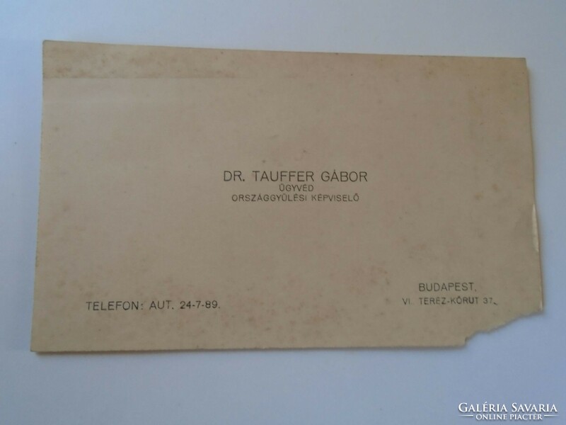 ZA417.32 Dr. Tauffer Gábor országgyűlési képviselő Balmazújváros -gyógyszerész névjegykártya 1930's